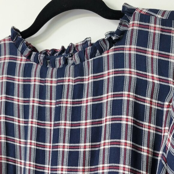 LOFT Plaid Ruffle Tie-Waist Dress Navy Red Plaid with Pockets Americana - Picture 4 of 12